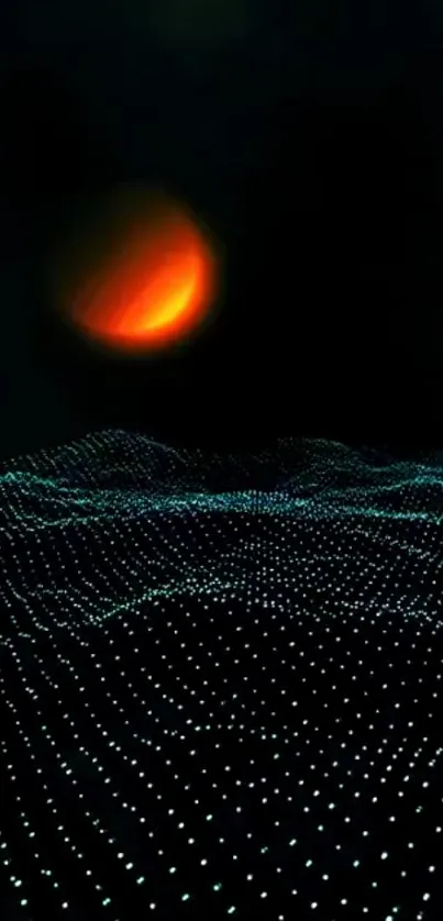 Futuristic digital landscape with a glowing orange sphere and light grid.