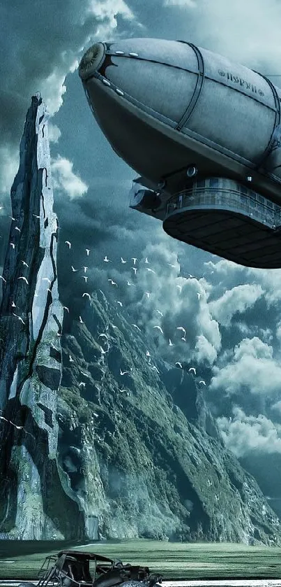 Sci-fi landscape with mountains and a hovering spacecraft, ideal for mobile wallpaper.