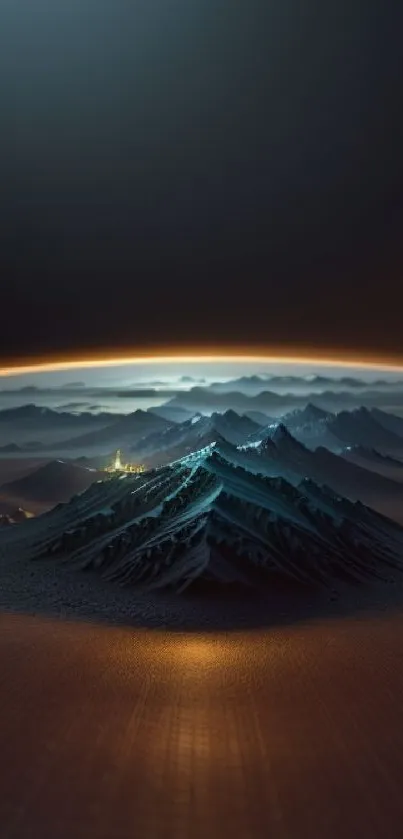 Futuristic landscape with glowing mountains and dark blue hues.