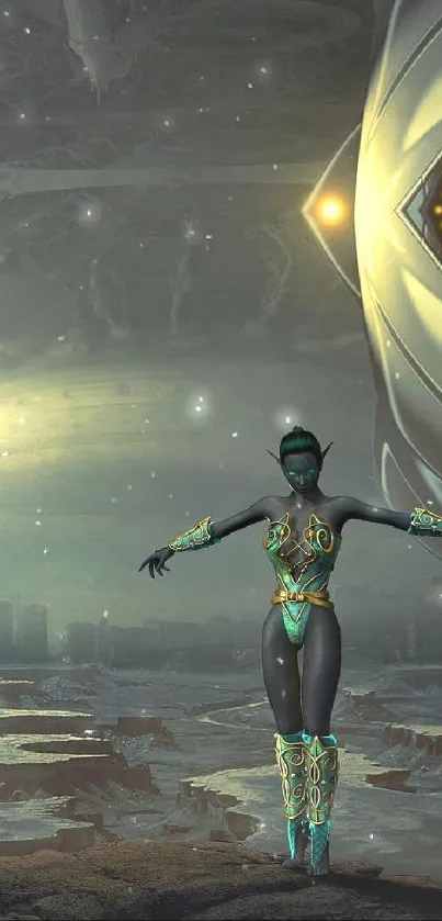 Futuristic landscape with a robot and bridge illuminated by golden light.