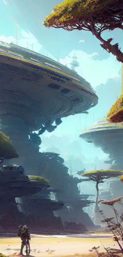 Sci-fi landscape with futuristic structures and greenery.