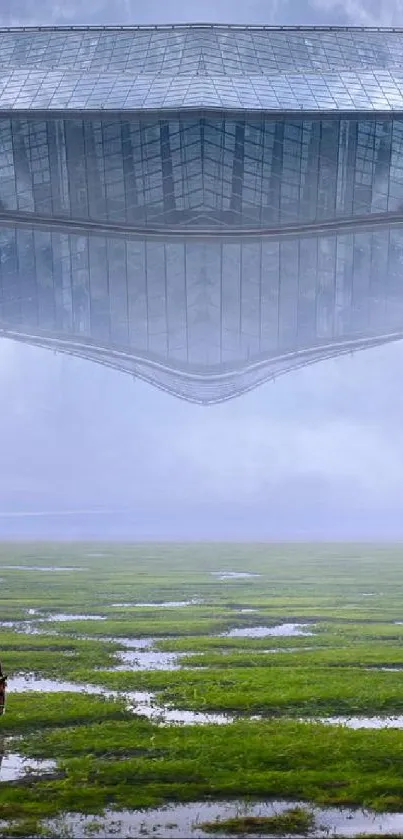 Surreal landscape with hovering object above green fields and lone horse.