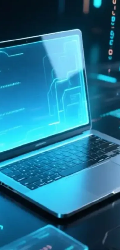 Futuristic laptop with digital blue display and glowing interface