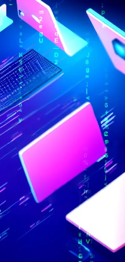 Futuristic laptops with neon glow on a blue and pink background.