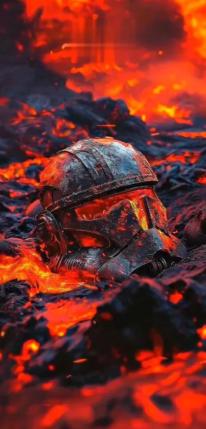 Futuristic helmet in a fiery lava setting on a mobile wallpaper.