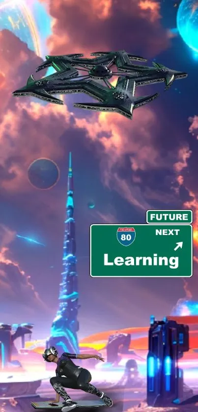 Futuristic cityscape with learning exit sign and alien ship.