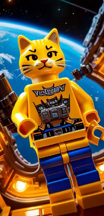 Lego cat in a futuristic space station with glowing orange lights.