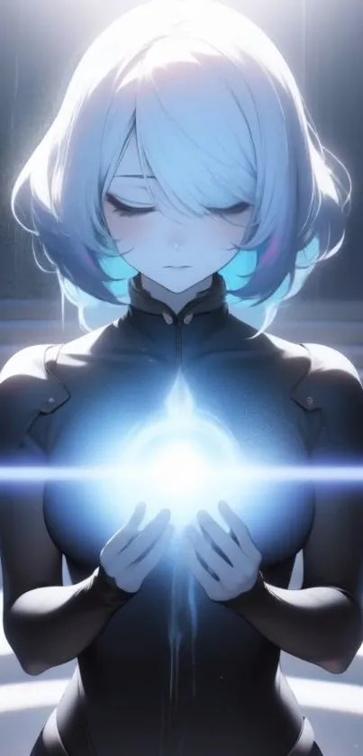 Futuristic anime character with glowing orb in hands.