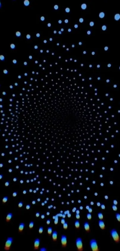 Futuristic tunnel with blue light dots on black background.