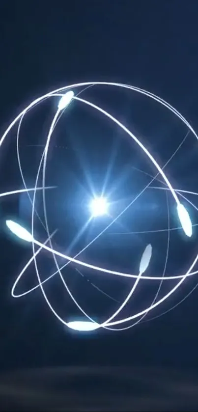 Futuristic light sphere with glowing lines on dark blue background.