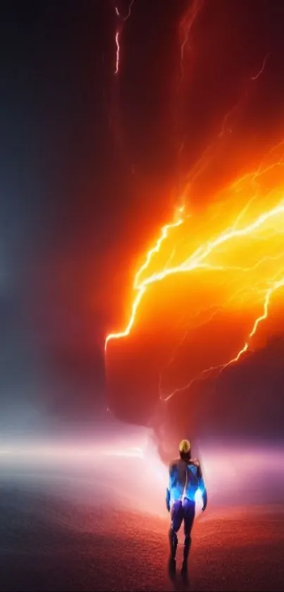 Futuristic figure under vibrant orange and blue lightning storm.