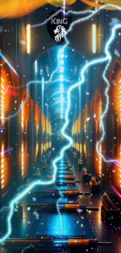 Futuristic corridor with lightning effects and neon lights.