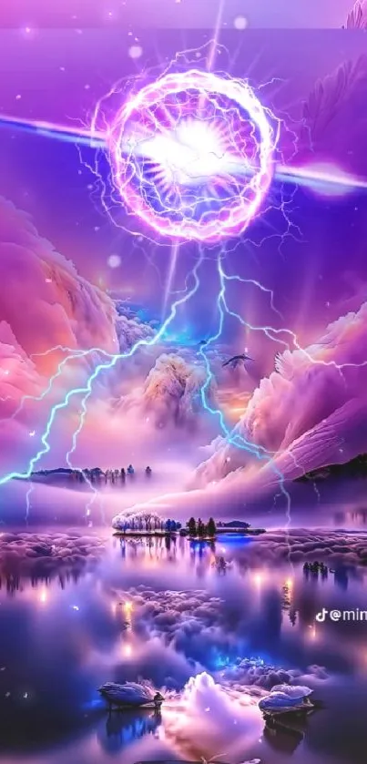 Futuristic lightning with purple clouds for mobile wallpaper.