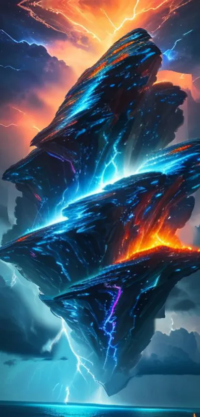 Futuristic lightning-themed floating rock with vibrant colors.