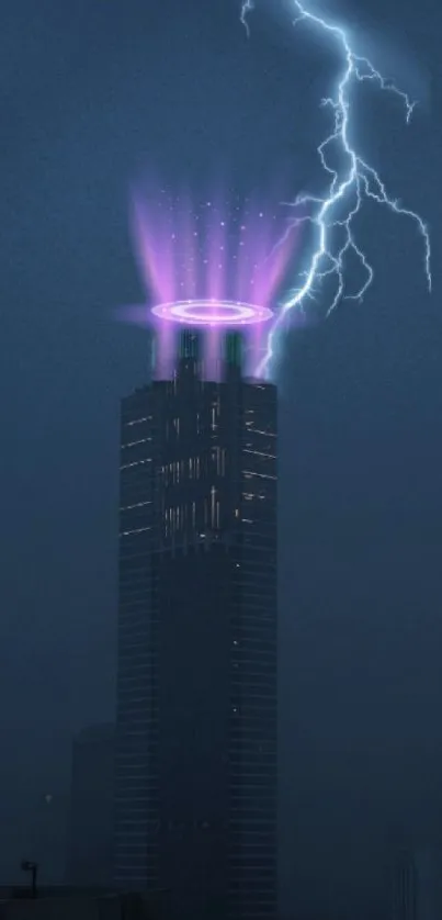 Futuristic skyscraper with neon halo struck by lightning against a dark cityscape.