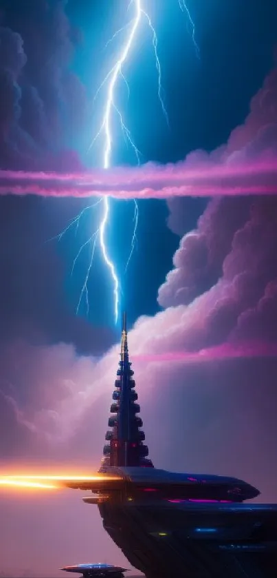 Futuristic scene with lightning and neon-lit tower under stormy clouds.