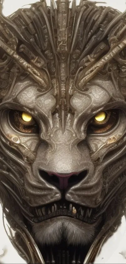 Futuristic lion face with cybernetic armor design.