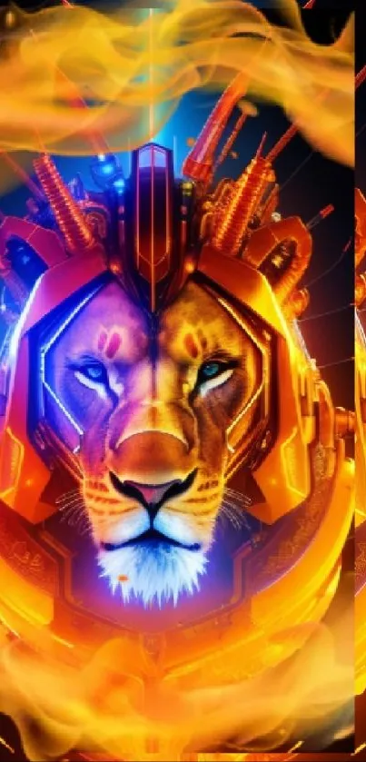 Futuristic lion with glowing flames on a dark background.