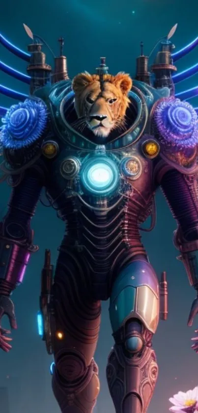 Futuristic lion mech in cosmic armor on a vibrant background.