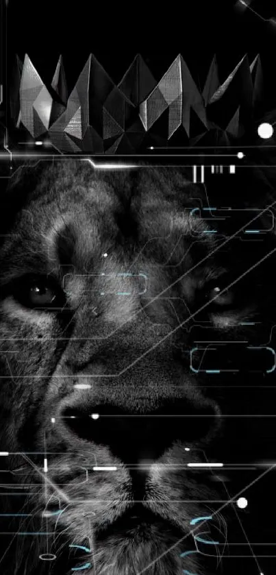 Futuristic lion wallpaper with polygonal crown and digital elements.