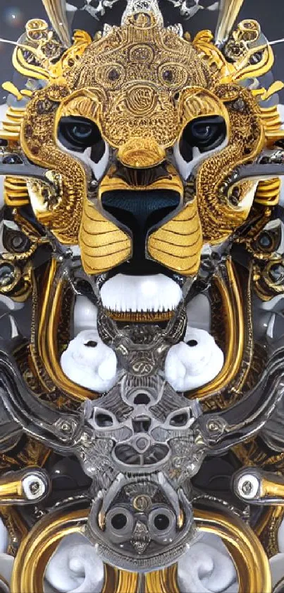 Futuristic lion design with intricate gold and silver details on mobile wallpaper.