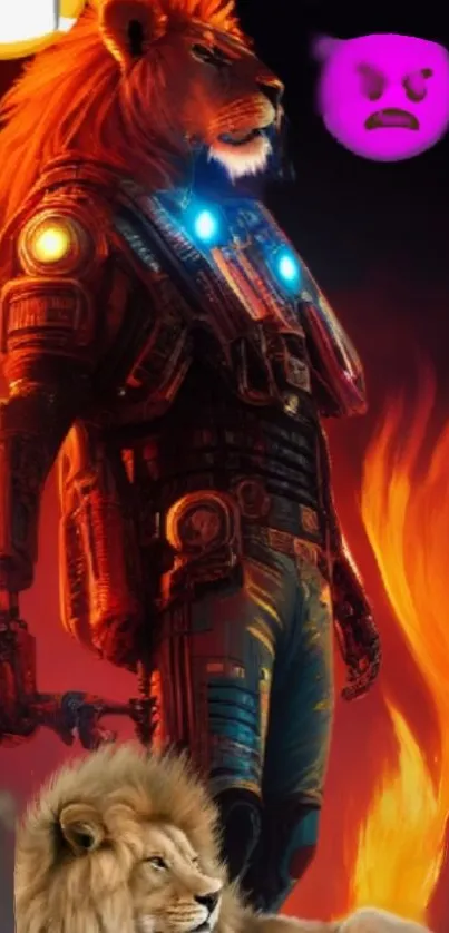 Futuristic lion warrior with cybernetic armor in a fiery scene.