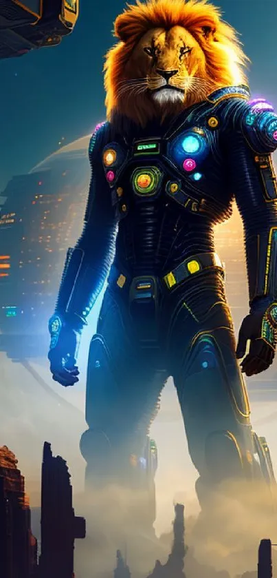 Futuristic lion warrior in cosmic armor with vibrant lights and cosmic background.