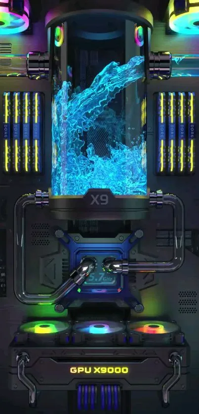 Futuristic liquid cooling system with neon lights and high-tech design.