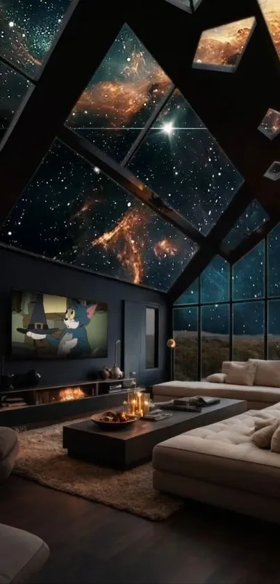 Futuristic living room with celestial views through glass ceiling.