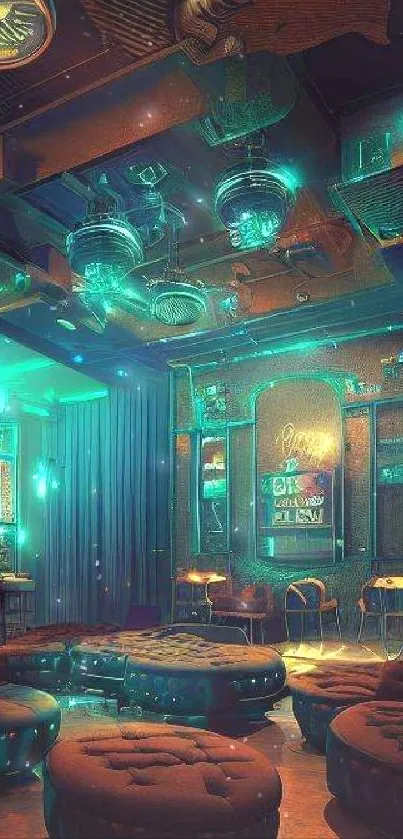 Futuristic lounge with neon lights and vibrant atmosphere.