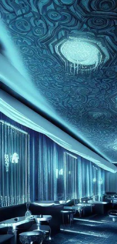 Futuristic lounge wallpaper with vibrant blue tones and modern design.