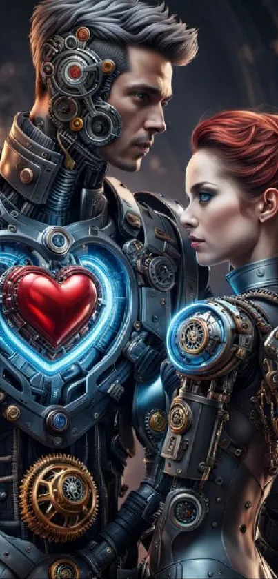 Futuristic android couple with glowing heart in a cybernetic setting.