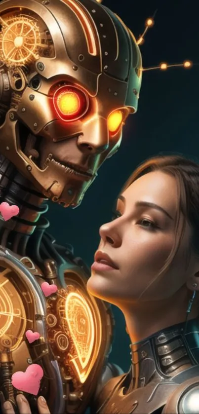 Futuristic robot and woman embrace in digital art.