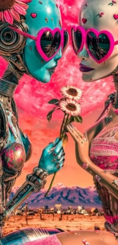 Futuristic robotic couple with pink accents and heart glasses.