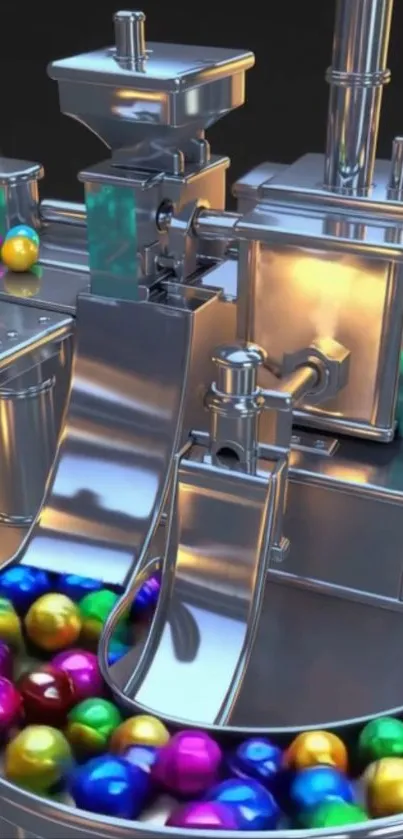 Futuristic machine with colorful spheres on a metallic background.