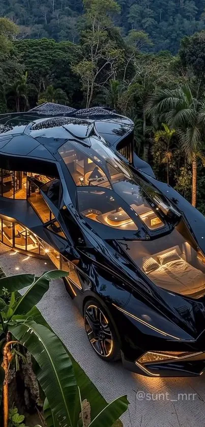 Futuristic mansion with concept car in lush forest.