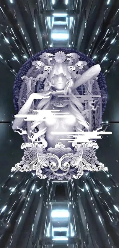 Futuristic marble goddess with a metallic dark gray background.