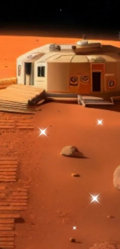 Futuristic Mars habitat under a massive spaceship, bathed in orange hues.