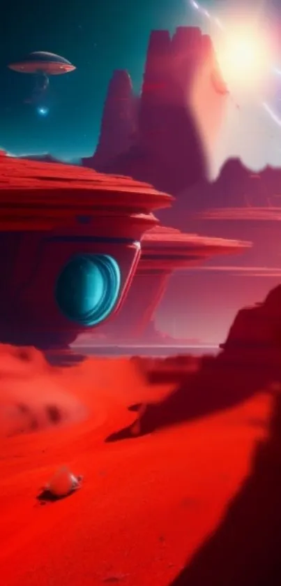 Futuristic Mars landscape with red terrain and spacecraft.