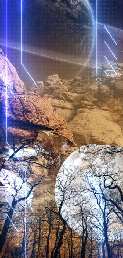 Spaceship in a Martian desert with planets and stars.