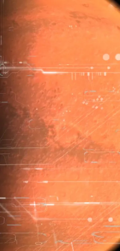 Futuristic digital art of Mars with tech overlay in red-orange hues.