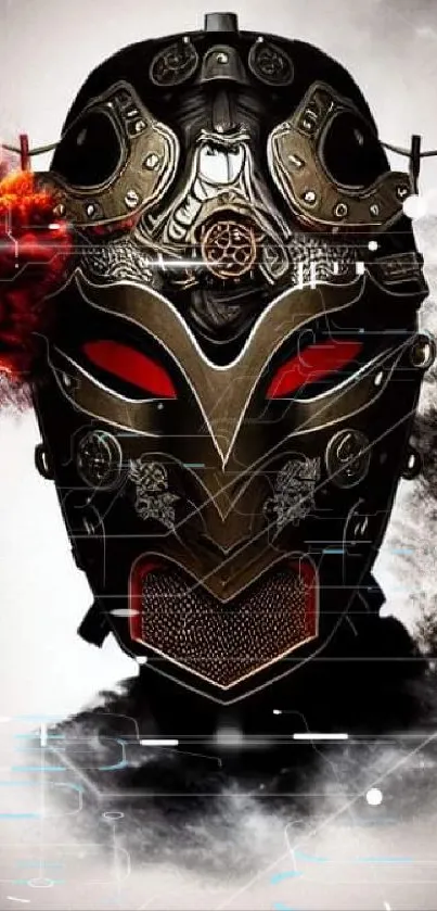 Intricate futuristic mask with red accents and smoke.