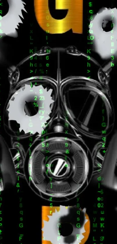 Futuristic mask with digital green code on black background.