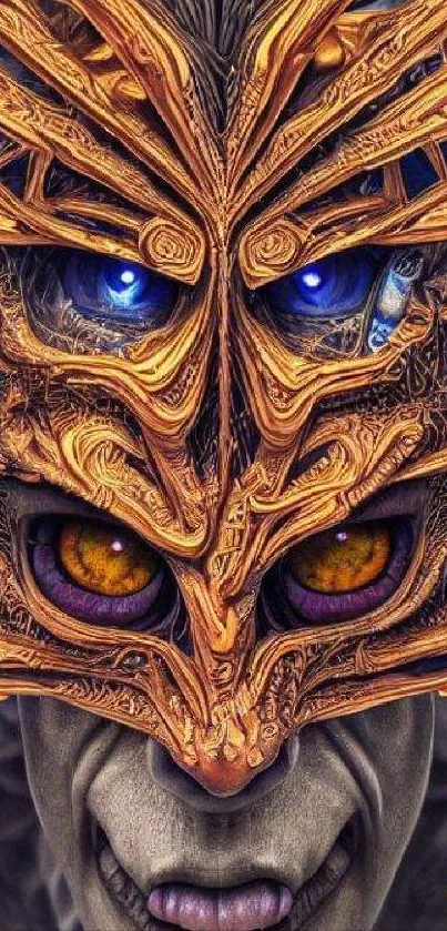 Futuristic mask with golden designs and blue accents mobile wallpaper.