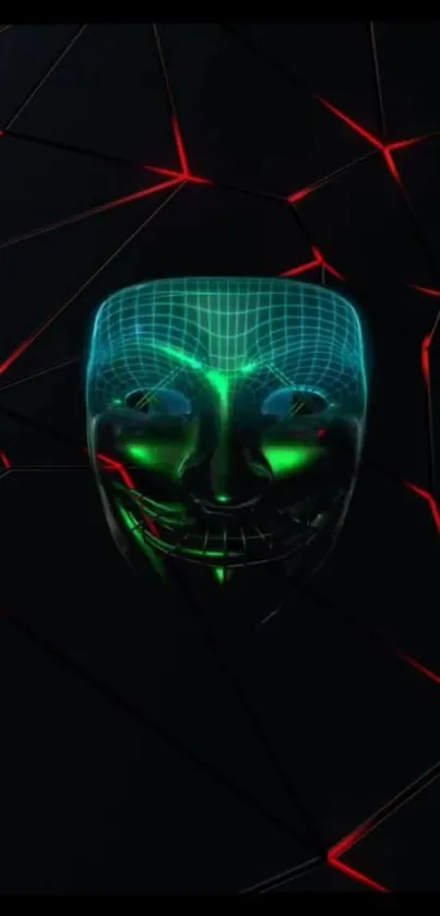 Futuristic digital mask with neon glow on dark geometric backdrop.