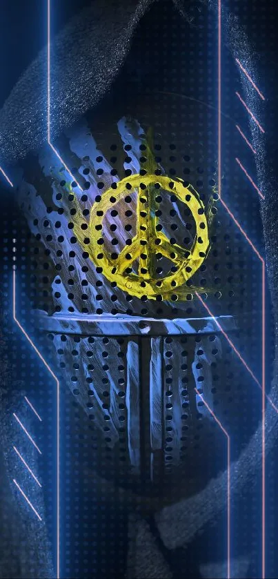 Dark futuristic wallpaper with yellow peace symbol.