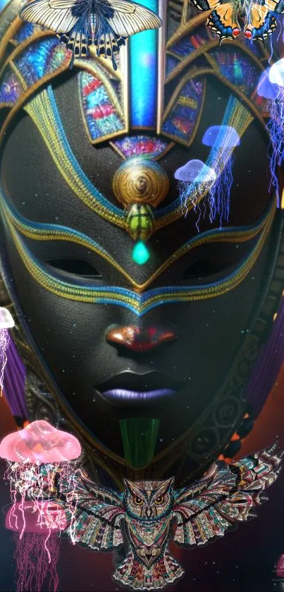 Futuristic mask adorned with jellyfish and vibrant colors.