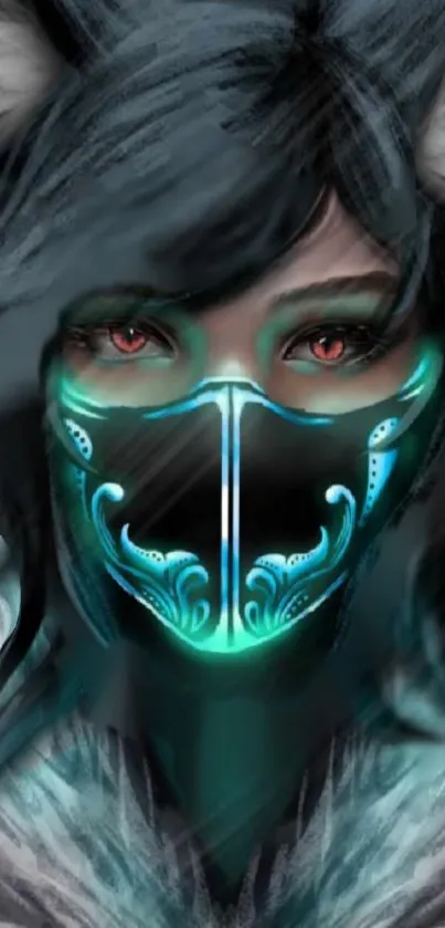 Futuristic character with glowing teal mask and anime elements.