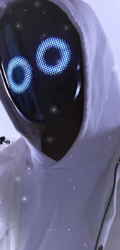 Wallpaper of a hooded, futuristic figure with a glowing mask on a white background.