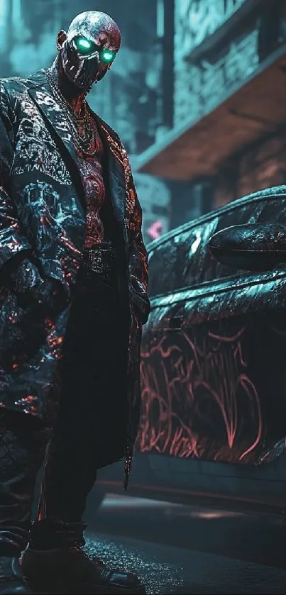 A masked figure in cyberpunk style next to a graffiti-covered car at night.